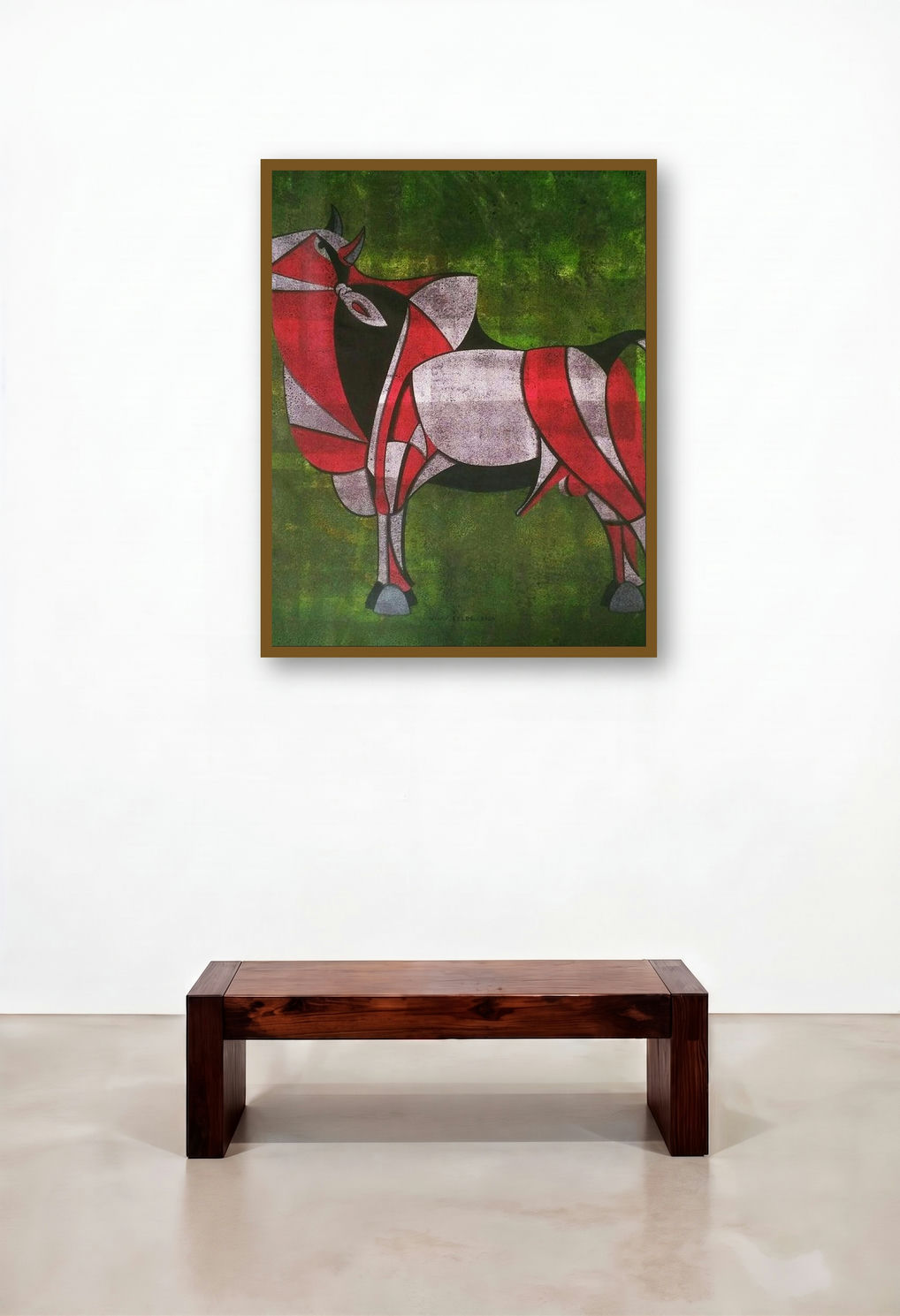 Bull 38 (Strength in Stillness) by artist Vijay Belde displayed in a Eclectic Bedroom