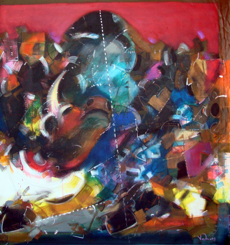 Bull With In' abstract acrylic painting by artist Madan Lal, 36x36 inch, on canvas