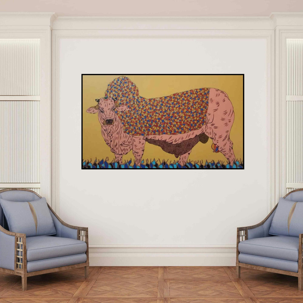 'Bull 4' painting by Rama Krishna V shown on a wall in a furnished room.