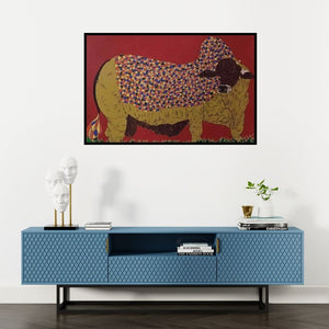 Preview of 'Bull 5' Painting by Rama Krishna V shown on a wall in a furnished room.