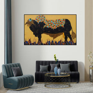 Rama Krishna V's 'Bull 5 (Majestic Bull)' painting visualized above a sofa in a contemporary room.