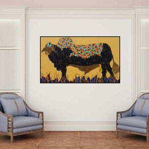 'Bull 5 (Majestic Bull)' painting by Rama Krishna V shown on a wall in a furnished room.