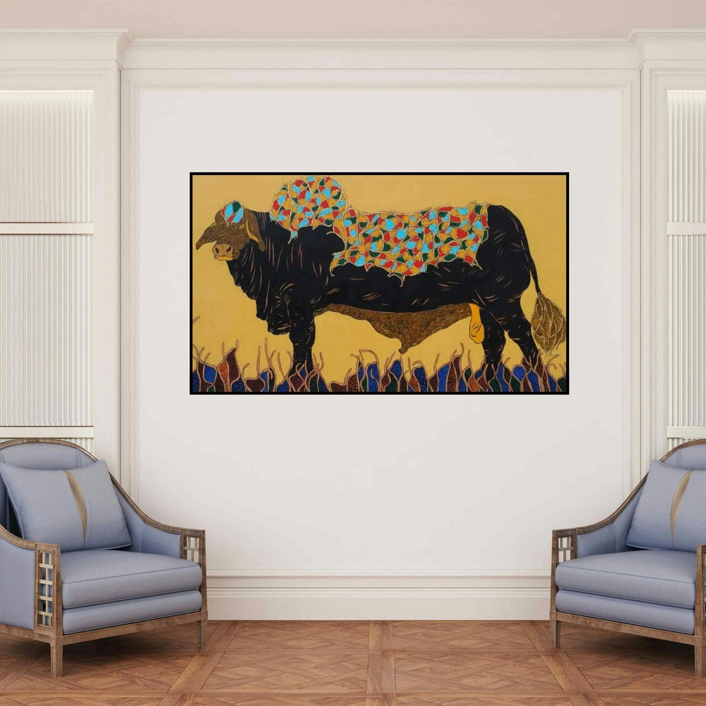 'Bull 5 (Majestic Bull)' painting by Rama Krishna V shown on a wall in a furnished room.
