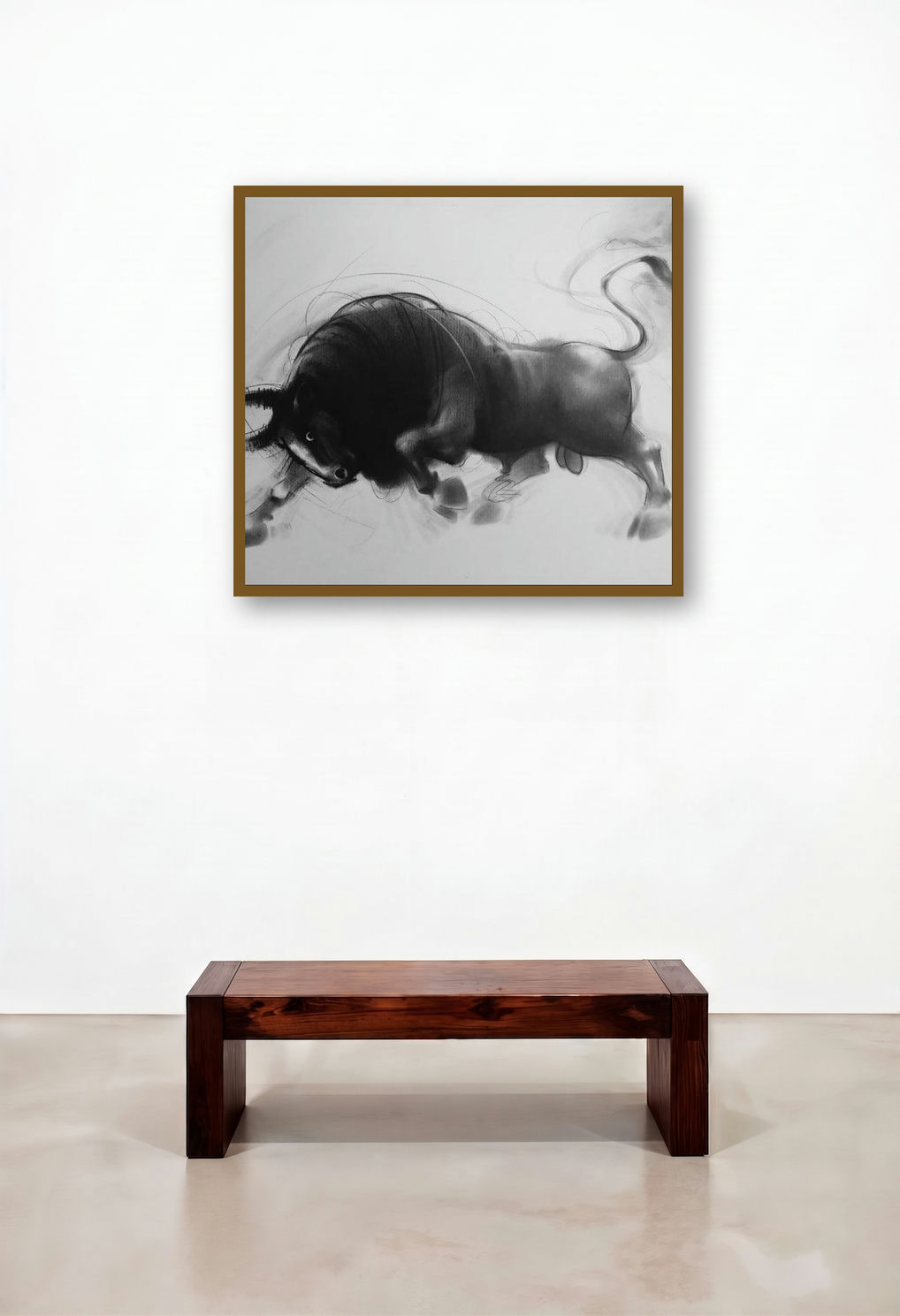 Bull 6 (The Charge) by artist Ganesh Hire displayed in a Japandi Dining Room