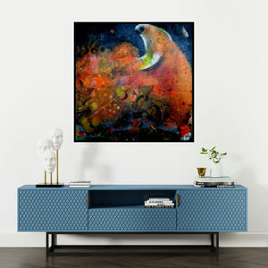 'Bull (Untitled)' painting by Madan Lal shown on a wall in a furnished room.
