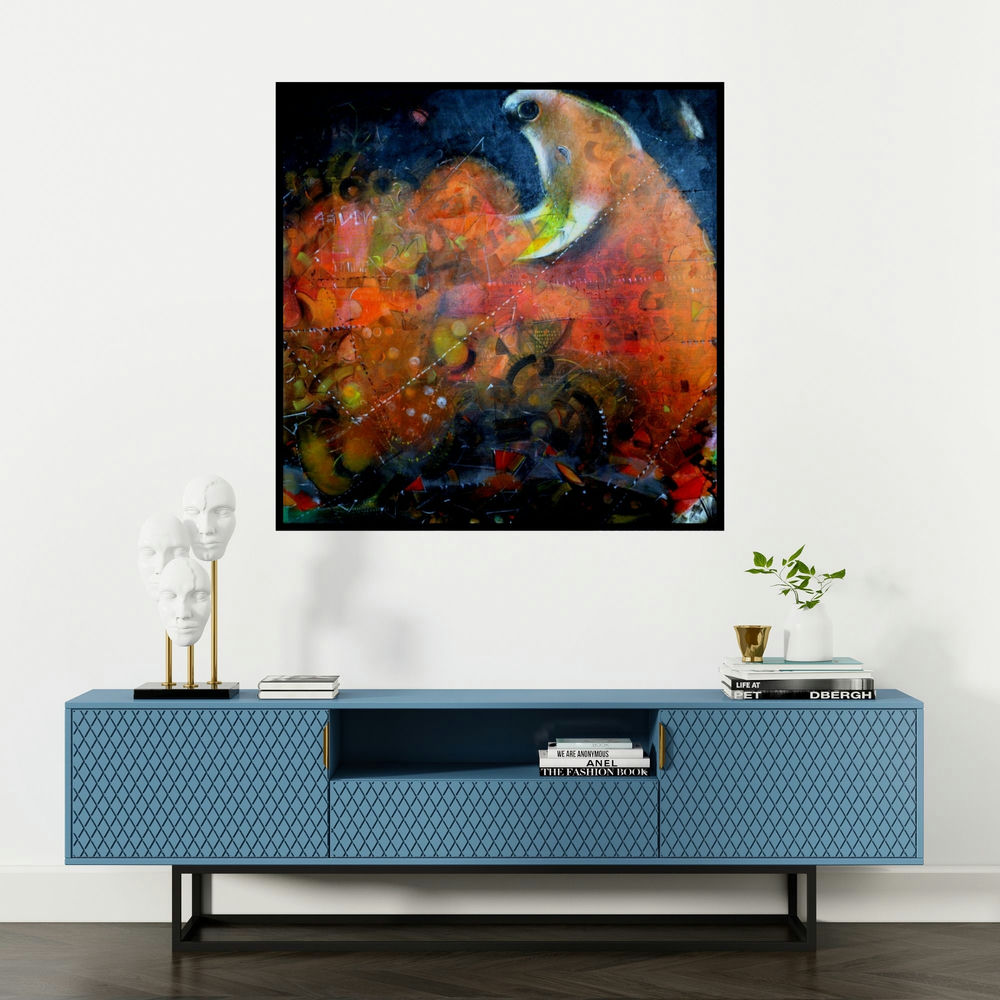 'Bull (Untitled)' painting by Madan Lal shown on a wall in a furnished room.