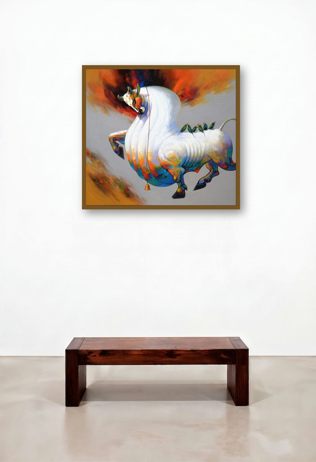 Bull And Birds by artist Shankar Gojare displayed in a Modern Executive Office