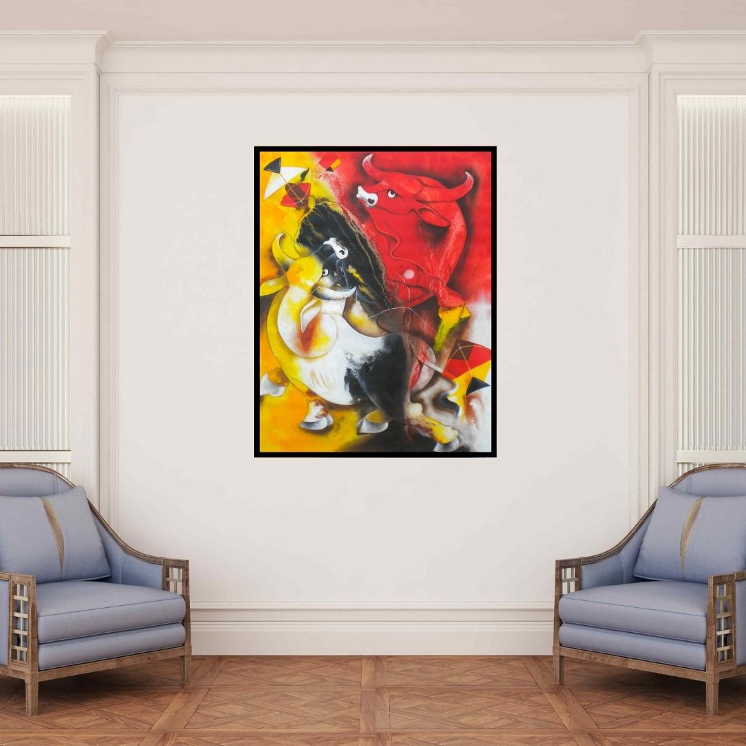 In-situ view of Uttam Manna's 'Bull And Kite (Dance of the Bulls)' painting in a room