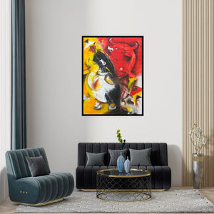 Preview of 'Bull And Kite (Dance of the Bulls)' Painting by Uttam Manna shown on a wall in a furnished room.