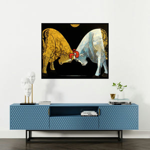 Dinkar Jadhav's 'Bull Bendur' painting visualized above a sofa in a contemporary room.
