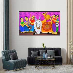 Dnyaneshwar Bembade's 'Bull Festivel (A Celebration of Life)' painting visualized above a sofa in a contemporary room.