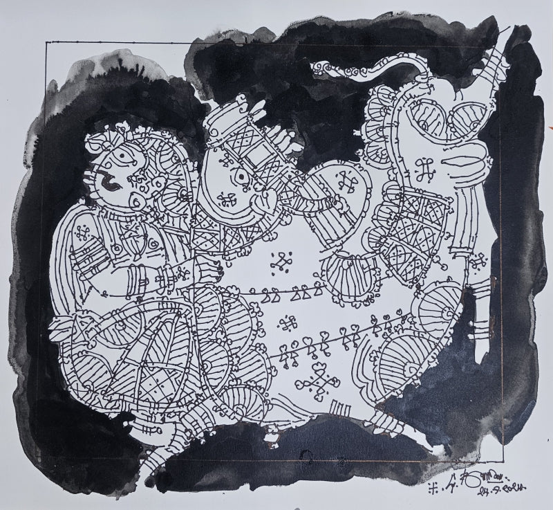 Bull Fight' animals acrylic painting by artist G Raman, 13x14 inch, on paper