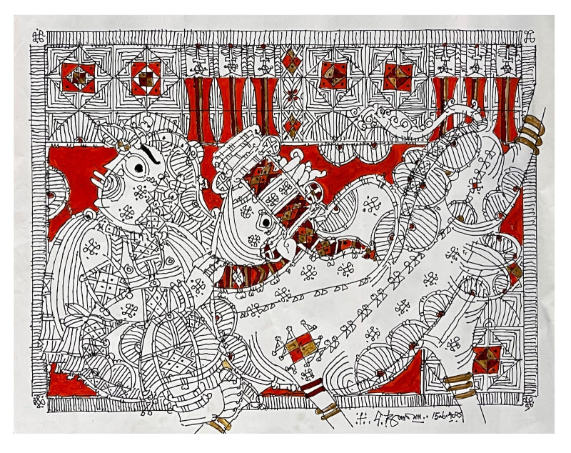 'Bull Fight' animals acrylic painting by artist G Raman, 18x23 inch, on paper