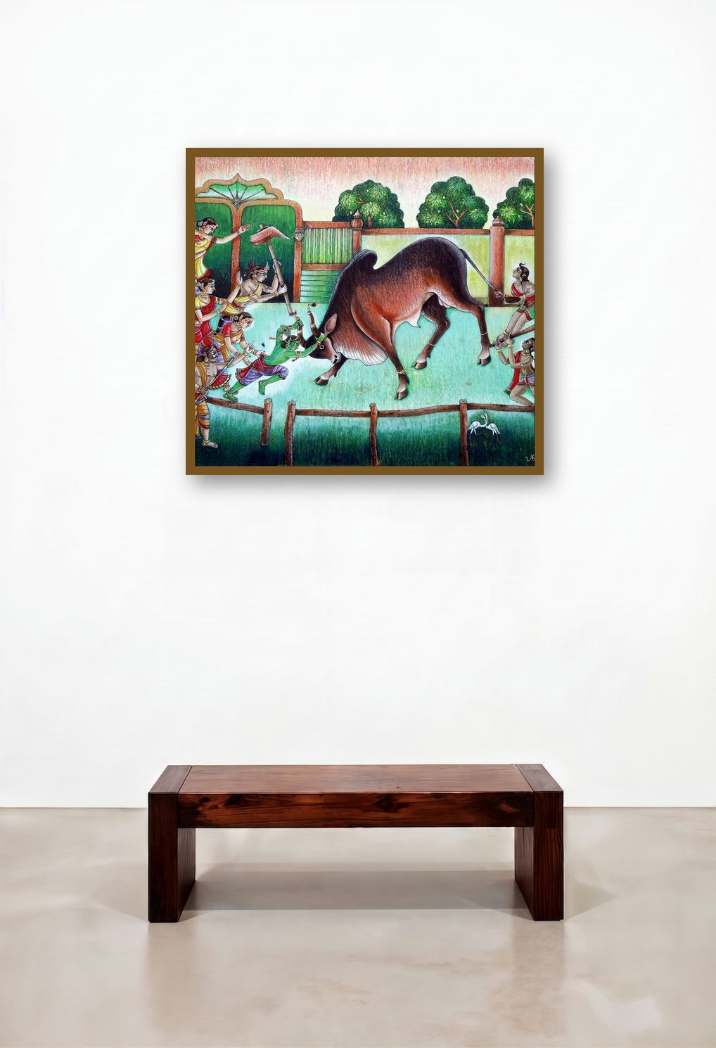 Bull Fight (Durga's Triumph) by artist Anand Sonar displayed in a Transitional Dining Room