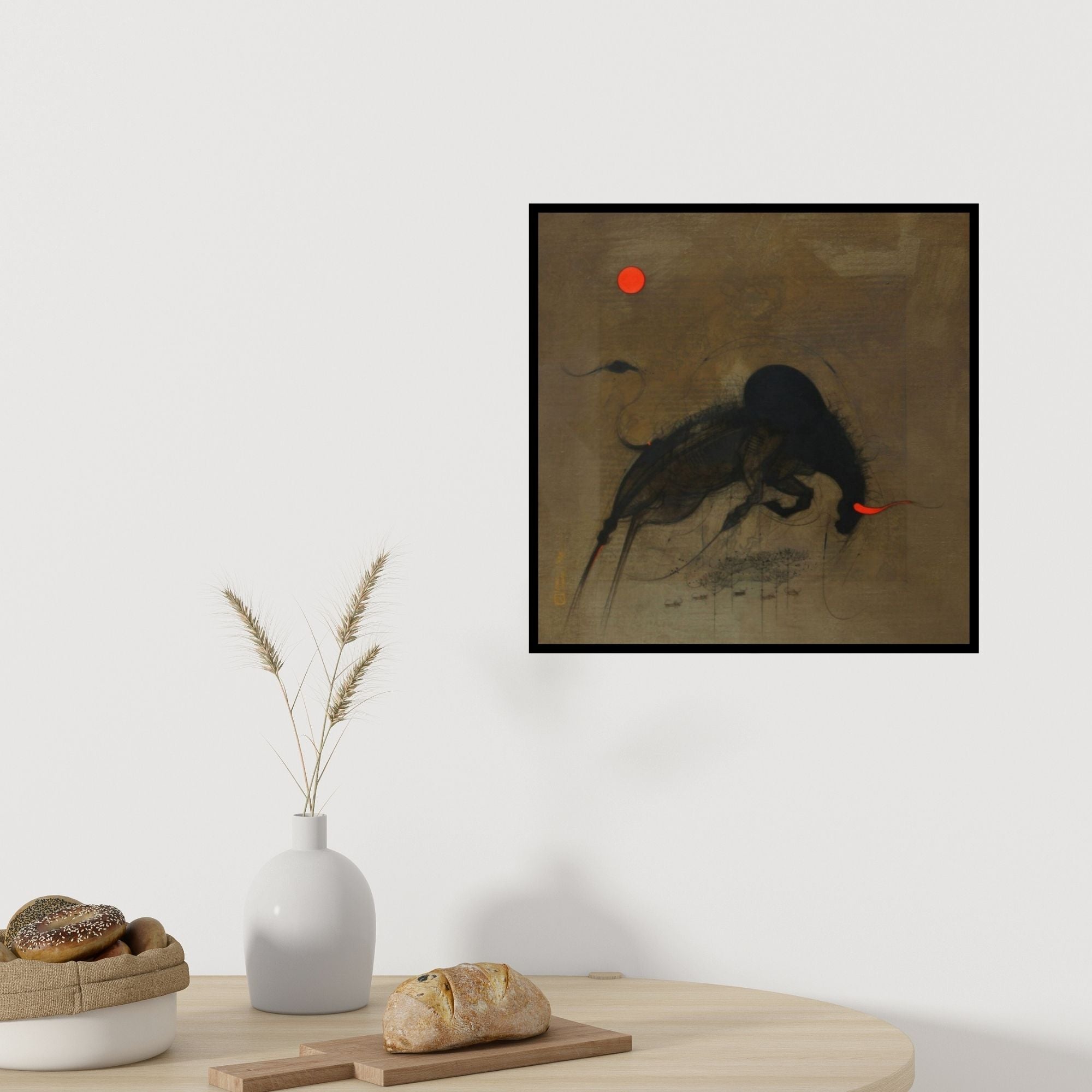 In-situ view of Amol Pawar's 'Bull I (Majestic Bull under a Red Moon)' painting in a room
