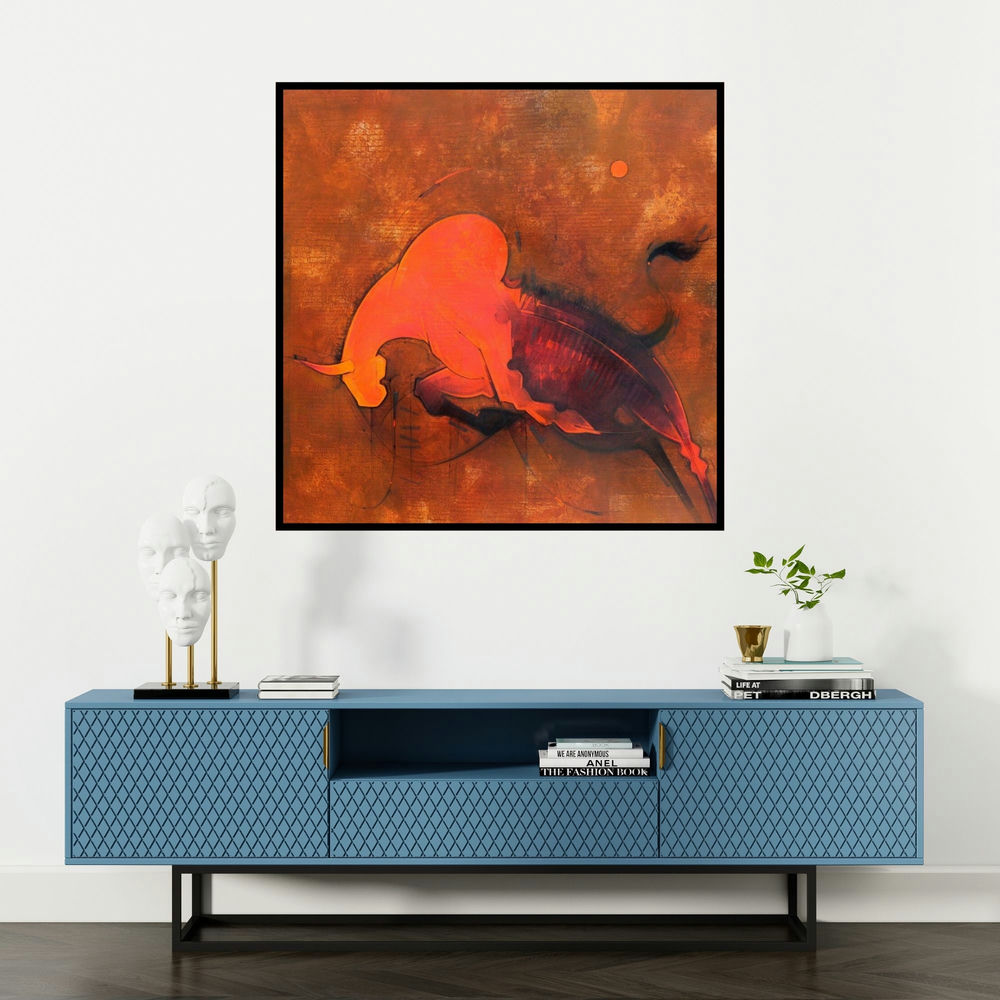 'Bull Iii' painting by Amol Pawar shown on a wall in a furnished room.
