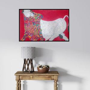 In-situ view of Sreekanth Kurva's 'Bull Kutch Work (Symbolic Strength)' painting in a room