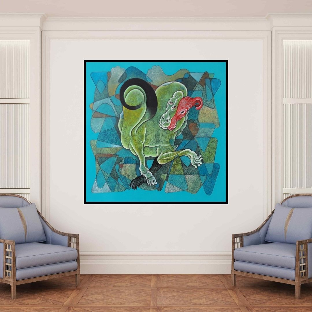 In-situ view of Dharmendra Kumar's 'Bull Park 1 (The Chimera)' painting in a room