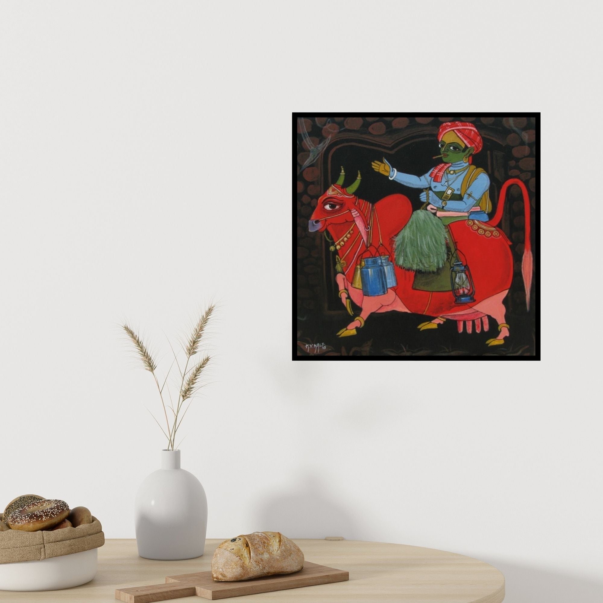 In-situ view of Kv Kale's 'Bull Riding (The Red Messenger)' painting in a room