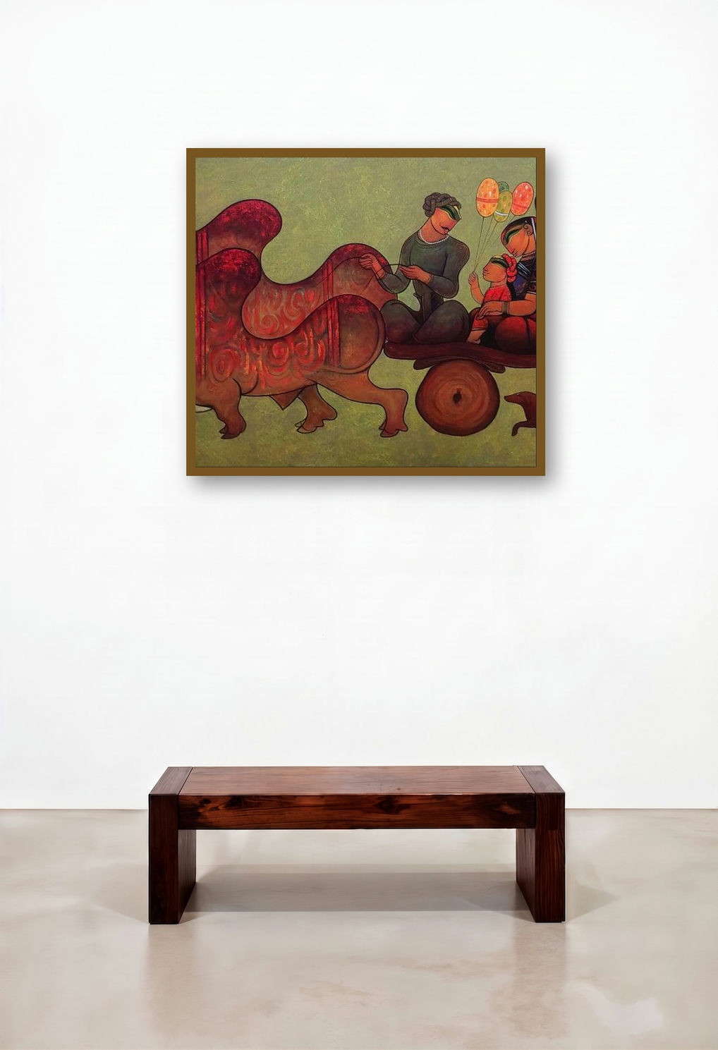 Bullock Cart 8 (A Family's Journey) by artist Ramesh Gujar displayed in a Mid-Century Modern Hotel Suite