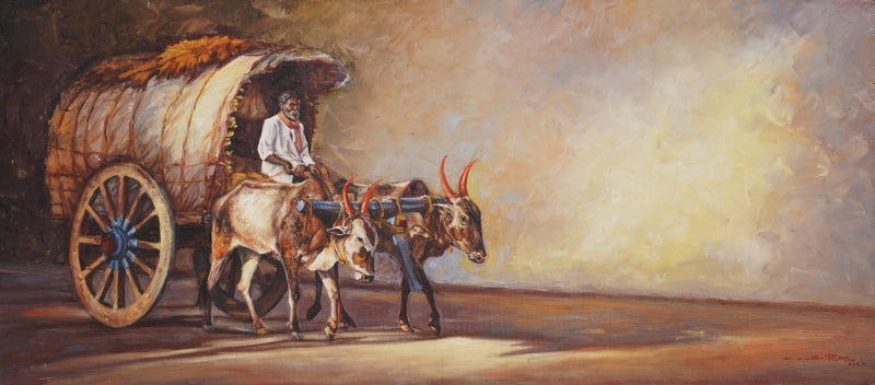 Bullockart' figurative oil painting by artist Sriram Chinnadurai, 18x40 inch, on canvas