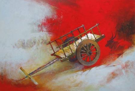 Fantasy acrylic painting titled 'Bullockart', 36x24 inches, by artist Sachin Akalekar on Canvas