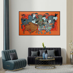 Vivek Kumavat's 'Bulls (Nandi's Festive Dance) (Cosmic Dance of the Bulls)' painting visualized above a sofa in a contemporary room.