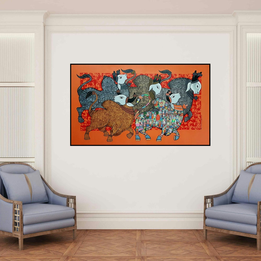 'Bulls (Nandi's Festive Dance) (Cosmic Dance of the Bulls)' painting by Vivek Kumavat shown on a wall in a furnished room.