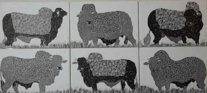 Animals pen drawing titled 'Bulls 9', 12x18 inches, by artist Rama Krishna V on Canvas