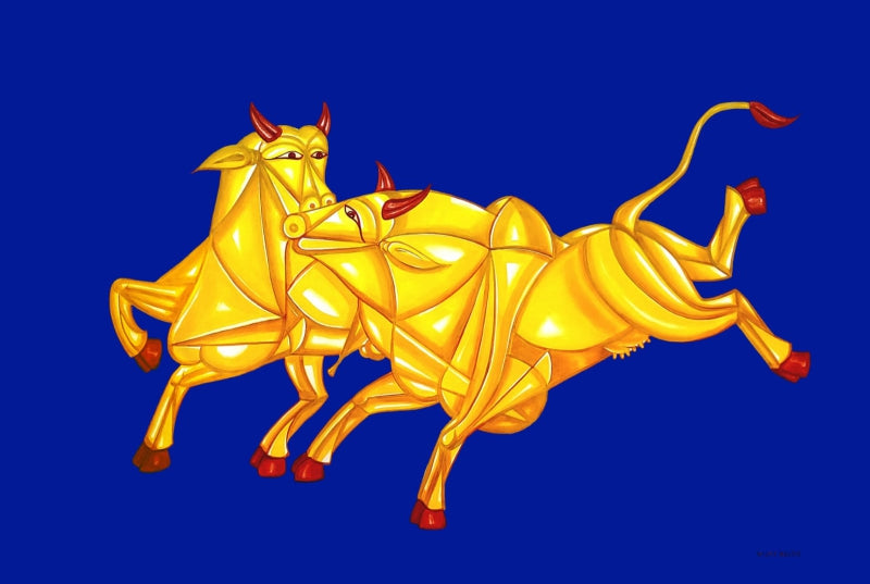 'Bulls' animals mixed-media painting by artist Vijay Belde, 60x96 inch, on canvas