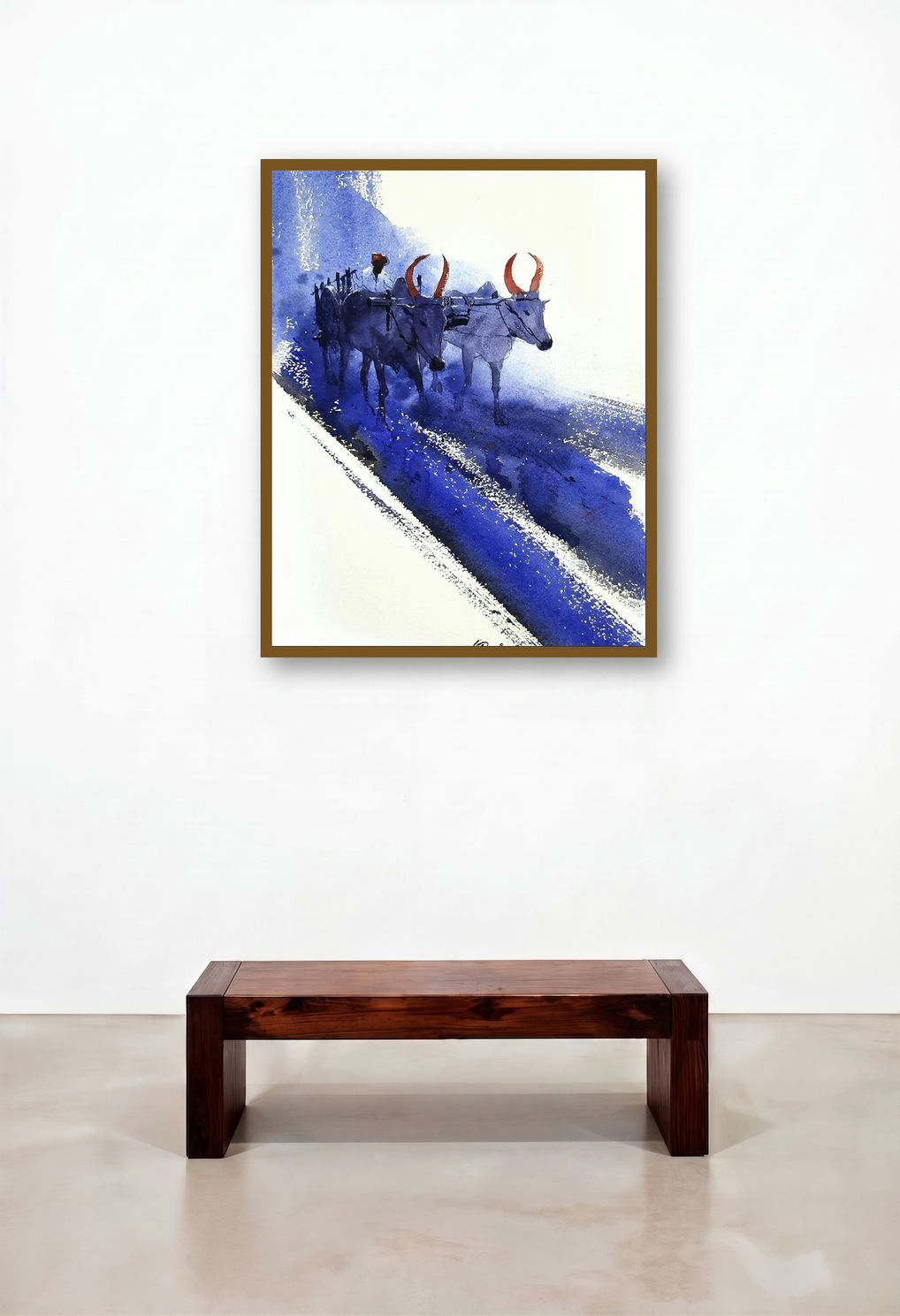 Bullwhacker 1 (Blue Hues of Rural Life) by artist Mv Renju displayed in a Designer Reception Area