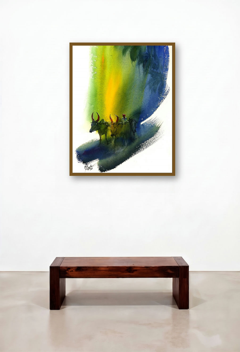 Bullwhacker (Ox Cart in Golden Light) by artist Mv Renju displayed in a Boutique Hotel Style Study