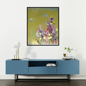 Shyamali Paul's 'Bunches Of Flower (The Carnivorous Garden)' painting visualized above a sofa in a contemporary room.