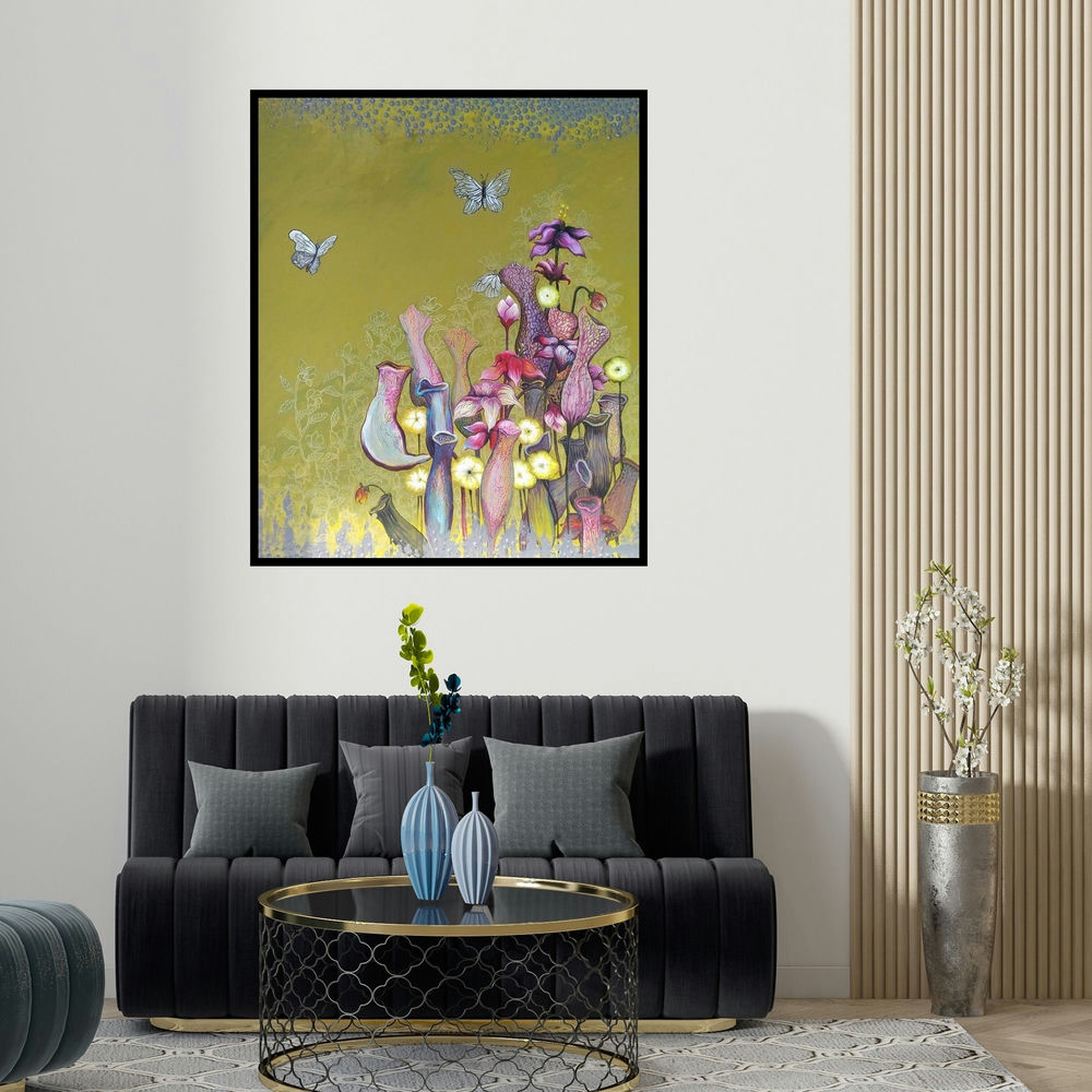 'Bunches Of Flower (The Carnivorous Garden)' painting by Shyamali Paul shown on a wall in a furnished room.