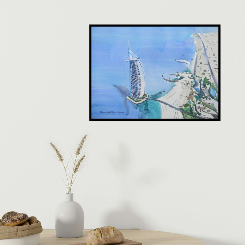 In-situ view of Bipul Roy's 'Burj Al Arab Dubai (Burj Al Arab Majesty)' painting in a room