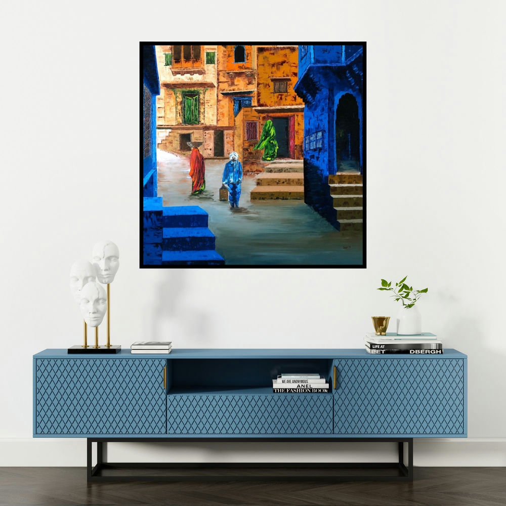 'Busy Street 3 (City Rhythms)' painting by Anuja Sane shown on a wall in a furnished room.