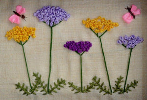 Butterflies In A Yarrow Garden by Mohna Paranjape, Original Cloth Nature Painting on Cloth, X-Small Horizontal Wall Art