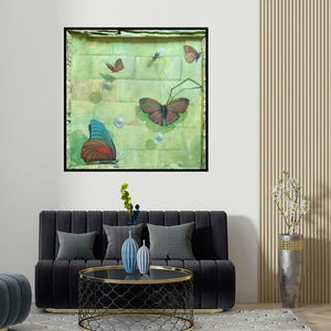 Gopal Pardeshi's 'Butterfly (Butterflies and Bubbles)' painting visualized above a sofa in a contemporary room.