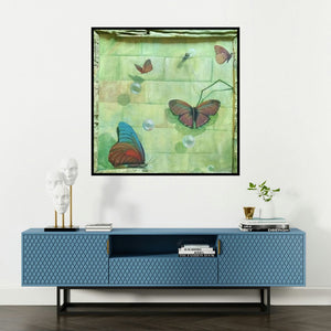 'Butterfly (Butterflies and Bubbles)' painting by Gopal Pardeshi shown on a wall in a furnished room.