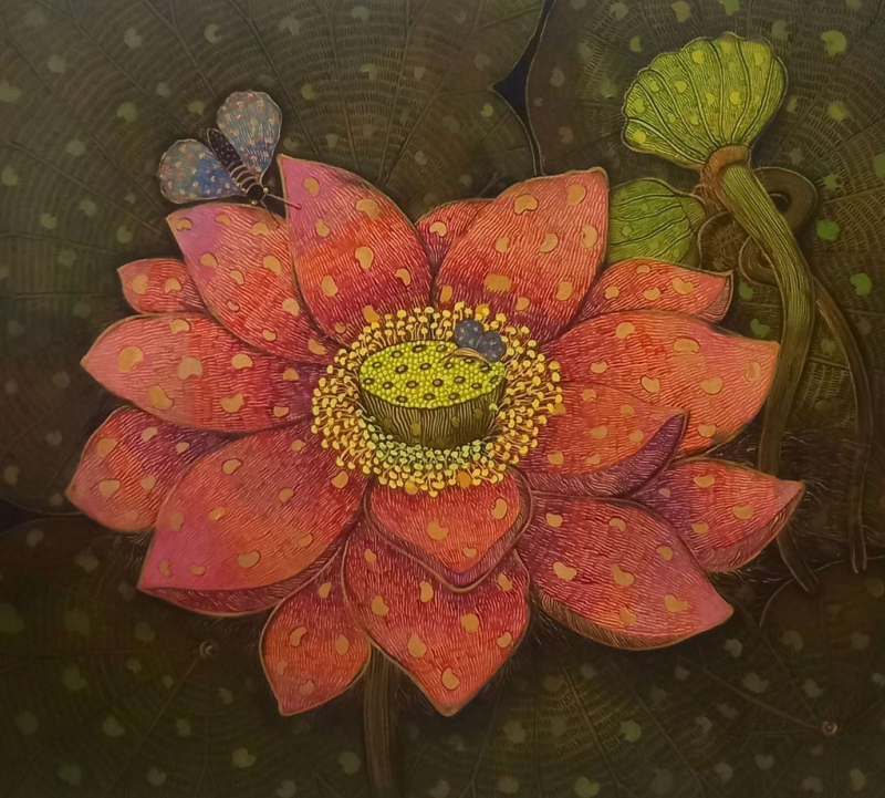 'Butterfly Embrace' nature mixed-media painting by artist Yogesh Powale, 27x32 inch, on canvas