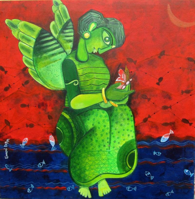 Figurative mixed media painting titled 'Butterfly girl', 30x30 inches, by artist Sharmi Dey on Canvas