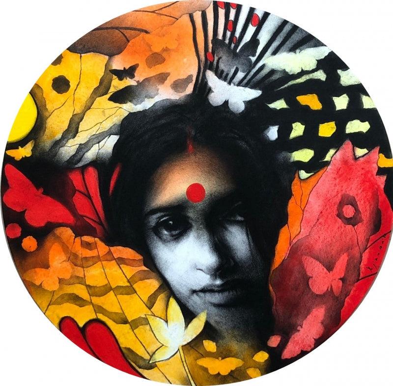 Figurative acrylic charcoal painting titled 'Butterfly People', 23x23 inches, by artist Ajay De on Canvas