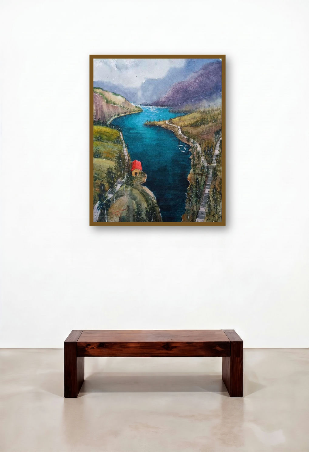 by artist The Lake (Lakeside Retreat) by artist Bhuwan Mahato displayed in a Traditional Library