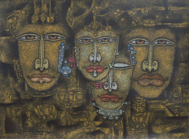Bygone 2' figurative mixed-media painting by artist M Raja, 22x30 inch, on acid free paper