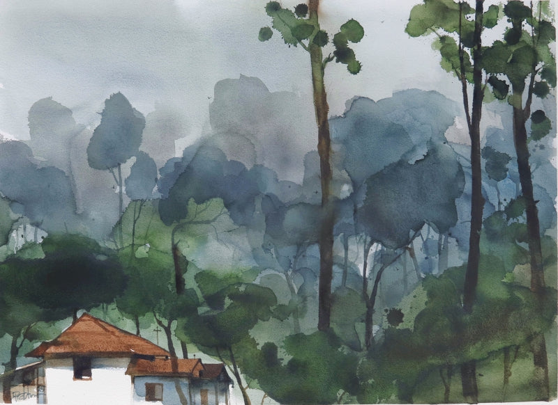 'Cabin Doen In The Woods' landscape watercolor painting by artist Prashant Prabhu, 22x30 inch, on paper