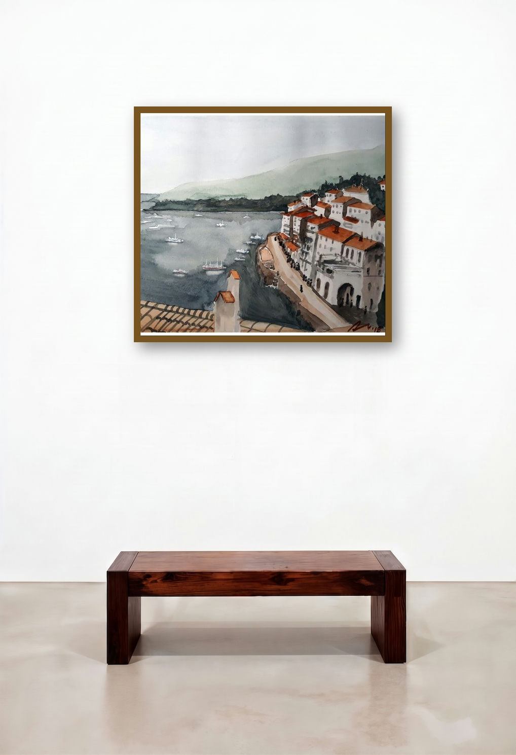 Cadaques Spain 1 (Seaside Sanctuary) by artist Arunava Ray displayed in a Elegant Reception Area