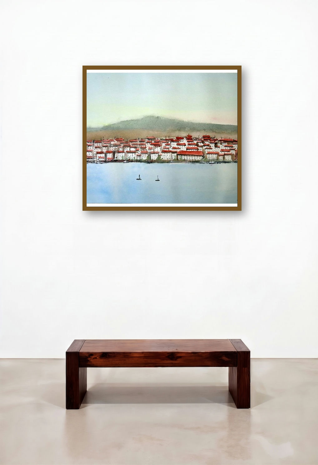 Cadaques Spain (Coastal Town Panorama) by artist Arunava Ray displayed in a Eclectic Hotel Lobby