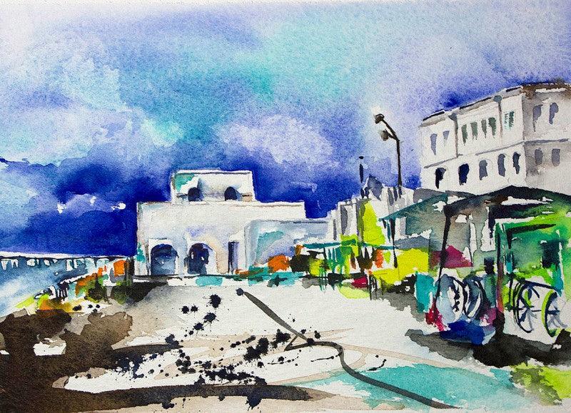 Cityscape watercolor painting titled 'Cafe promenade', 6x8 inches, by artist Veronique Piaser-moyen on Paper