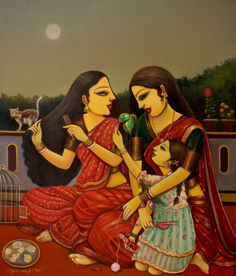 Cage Beneath The Sky' figurative acrylic painting by artist Sumon Naskar, 36x30 inch, on canvas