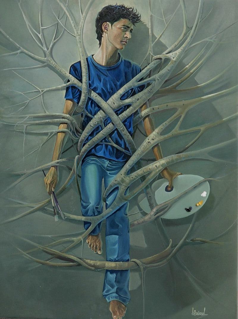 Figurative oil painting titled 'Caged Freedom', 48x36 inches, by artist Bijay Biswaal on Canvas